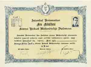 The First Hight Chemical Engineer of Turkey is Hüseyn Hilmi Işık's Chemistry Engineering Diploma. The number of diploma is 1/1